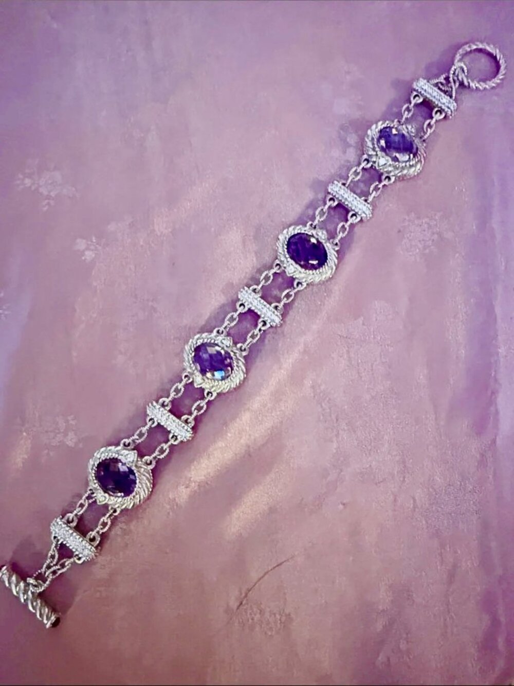 Judith Ripka, Sterling Silver Amethyst Link Bracelet with CZ’s